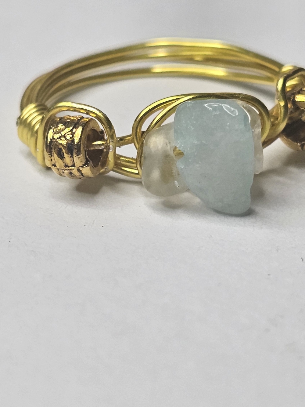 Gold Wire Wrapped Sea Glass Ring — Aquamarine Stone - Picture 3 of 8